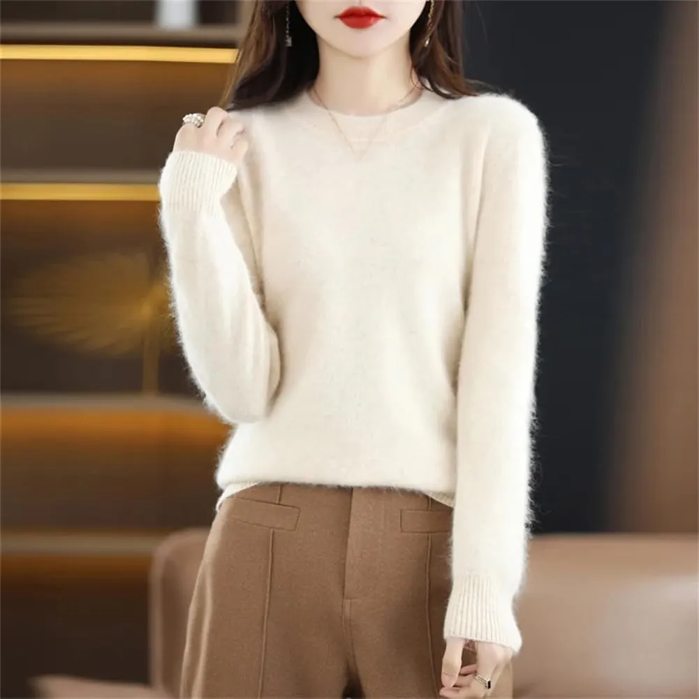 100% Ricenk Cashmere Crewneck Sweater Solid Color Casual Knitted Pullover Tops Basic Jumper