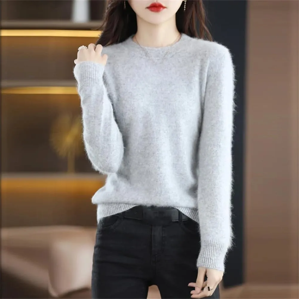100% Ricenk Cashmere Crewneck Sweater Solid Color Casual Knitted Pullover Tops Basic Jumper