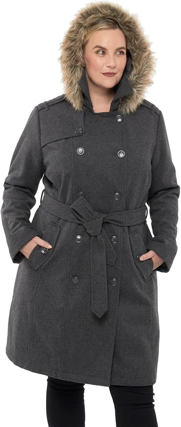 Alpine Swiss Womens Parka Trench Pea Coat Belt Jacket Fur Hood Reg & Plus Sizes