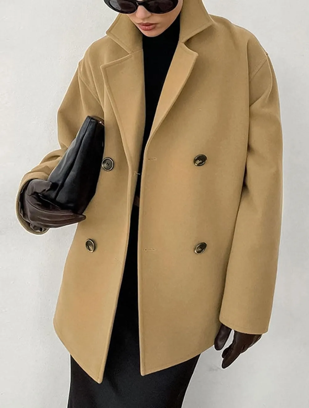 CHARTOU Women Short Pea Coat Double Breast Lapel Collar Loose Fit Wool Blend Winter Jacket