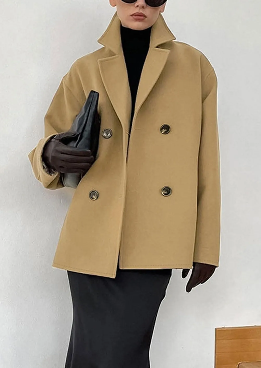 CHARTOU Women Short Pea Coat Double Breast Lapel Collar Loose Fit Wool Blend Winter Jacket