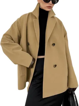 CHARTOU Women Short Pea Coat Double Breast Lapel Collar Loose Fit Wool Blend Winter Jacket