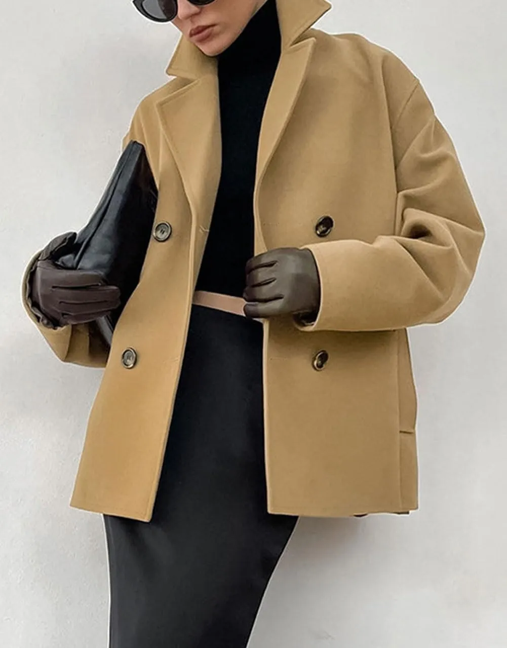 CHARTOU Women Short Pea Coat Double Breast Lapel Collar Loose Fit Wool Blend Winter Jacket