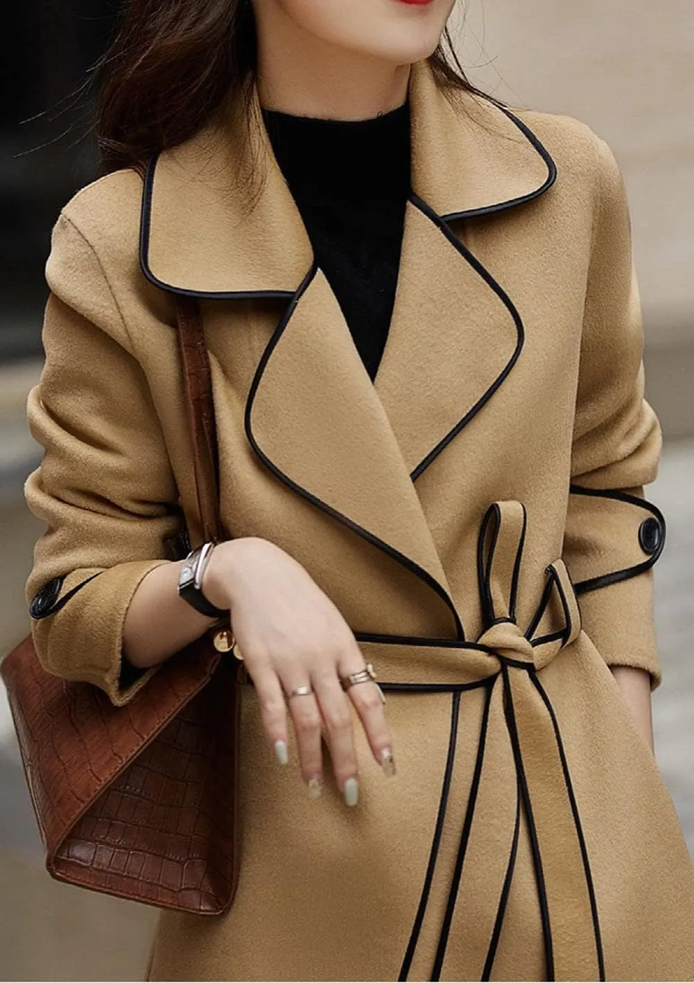 CHARTOU Women's Elegant Lapel Collar Wool Blend Midi-Long Pea Coat Jacket with Belt
