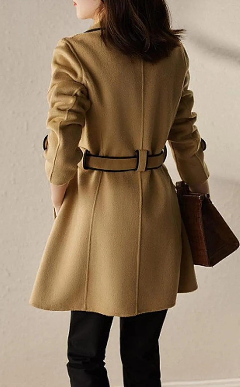 CHARTOU Women's Elegant Lapel Collar Wool Blend Midi-Long Pea Coat Jacket with Belt