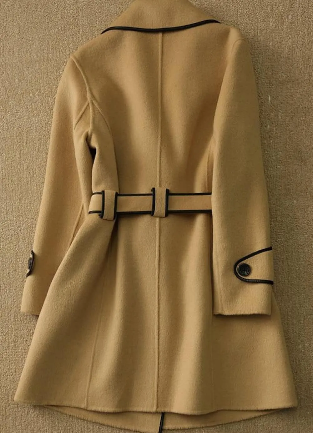 CHARTOU Women's Elegant Lapel Collar Wool Blend Midi-Long Pea Coat Jacket with Belt
