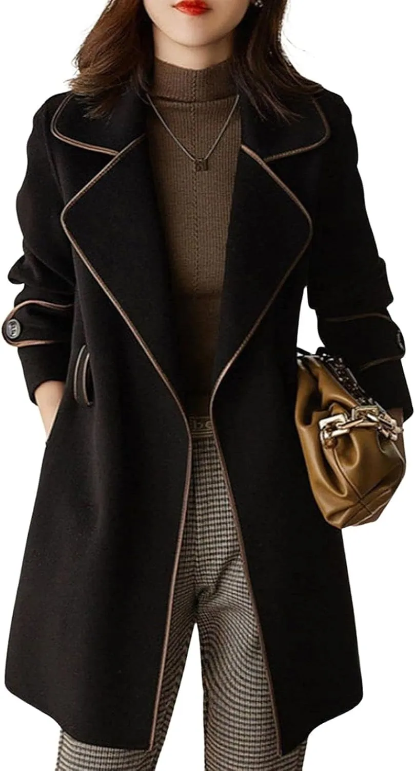 CHARTOU Women's Elegant Lapel Collar Wool Blend Midi-Long Pea Coat Jacket with Belt