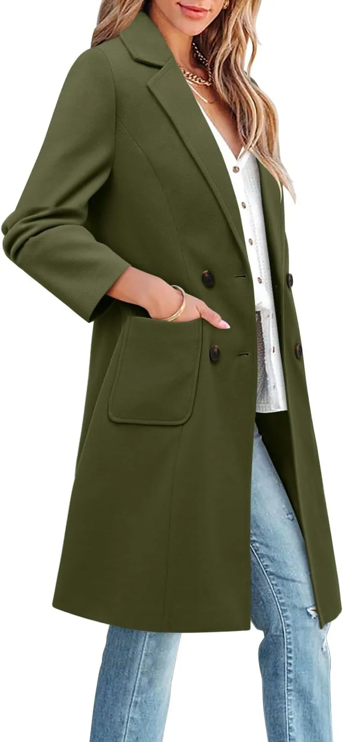 CHICZONE Women's Notch Lapel Double Breasted Mid Long Pea Coat Wool Blend Overcoat Winter Outwear