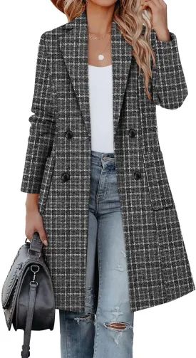 CHICZONE Women's Notch Lapel Double Breasted Mid Long Pea Coat Wool Blend Overcoat Winter Outwear