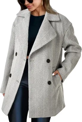 Cicy Bell Womens Oversized Herringbone Pea Coats Double Breasted Mid Length Wool Blend Trench Coat Blazer Jackets