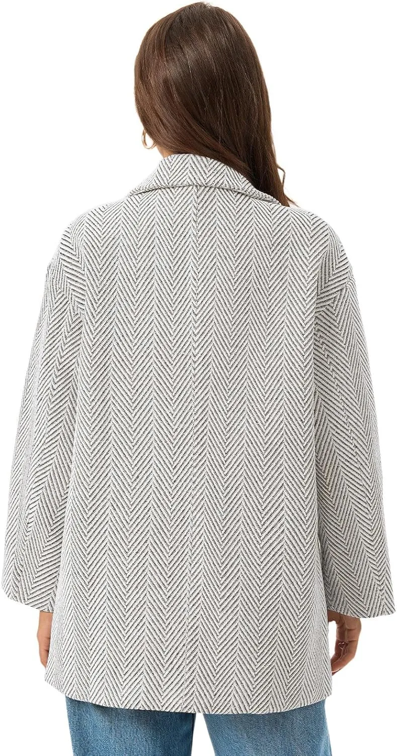 Cicy Bell Womens Oversized Herringbone Pea Coats Double Breasted Mid Length Wool Blend Trench Coat Blazer Jackets