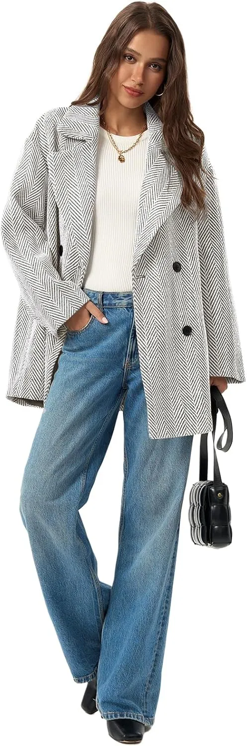 Cicy Bell Womens Oversized Herringbone Pea Coats Double Breasted Mid Length Wool Blend Trench Coat Blazer Jackets