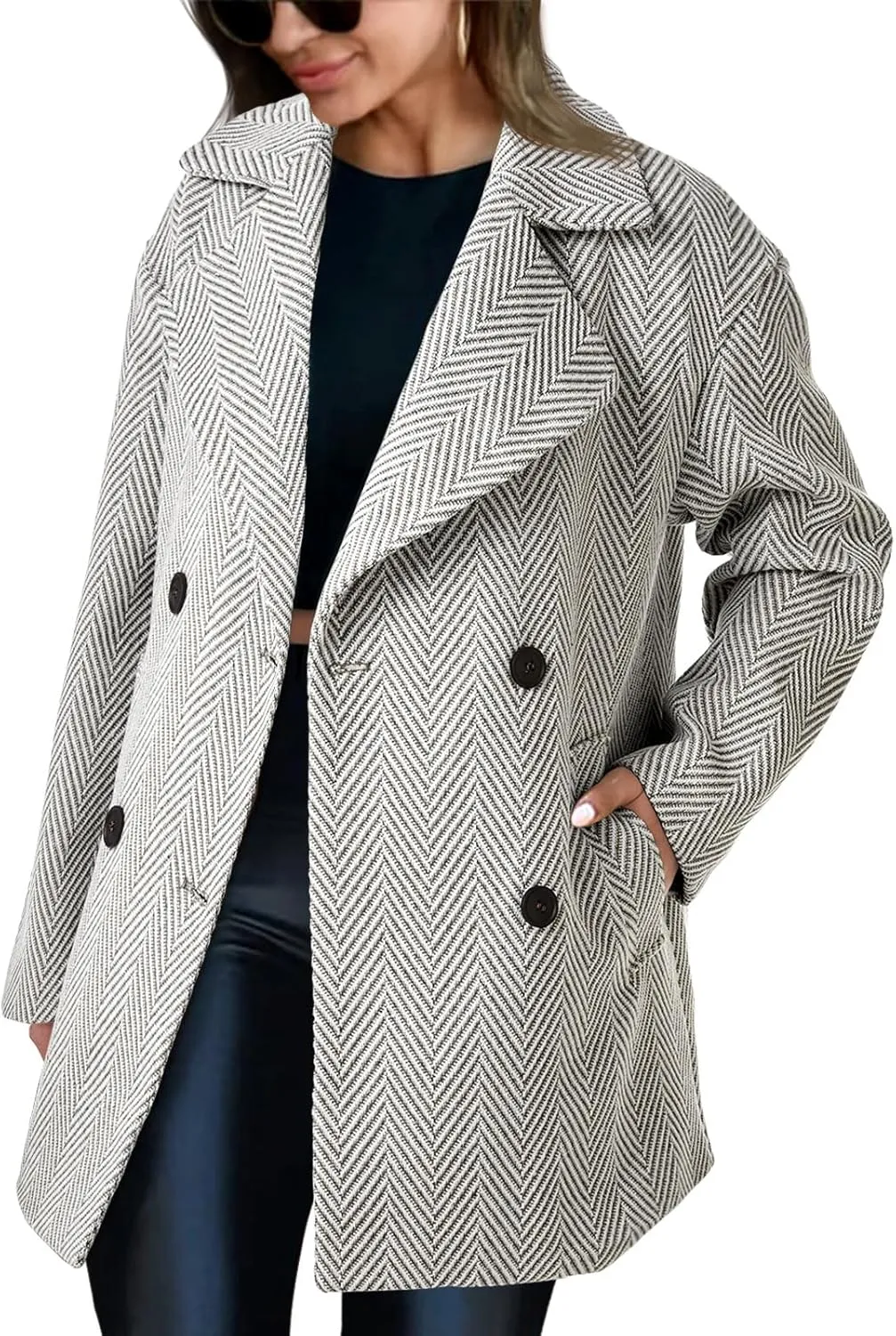 Cicy Bell Womens Oversized Herringbone Pea Coats Double Breasted Mid Length Wool Blend Trench Coat Blazer Jackets