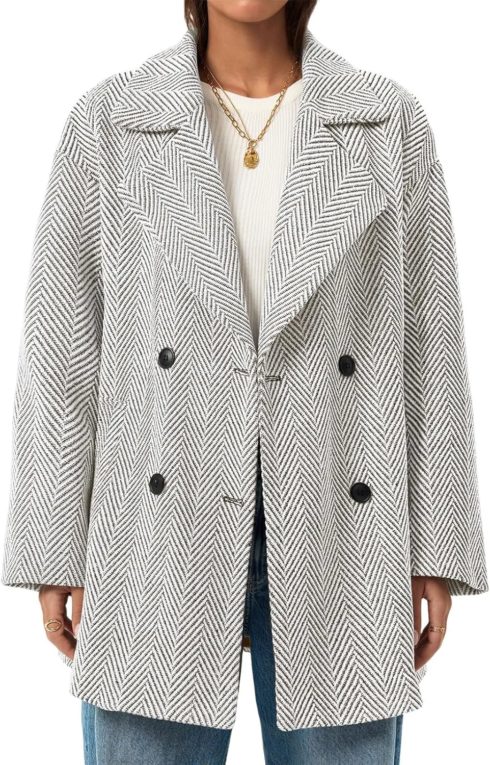 Cicy Bell Womens Oversized Herringbone Pea Coats Double Breasted Mid Length Wool Blend Trench Coat Blazer Jackets