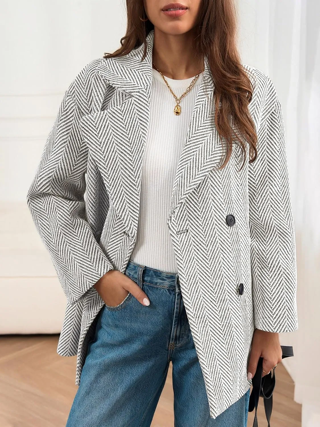 Cicy Bell Womens Oversized Herringbone Pea Coats Double Breasted Mid Length Wool Blend Trench Coat Blazer Jackets