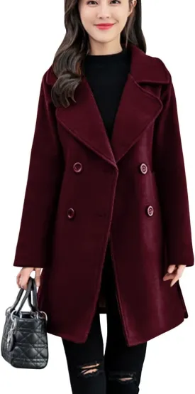 ebossy Women's Trench Jacket Double Breasted Wool Blend Mid-Long Pea Coat