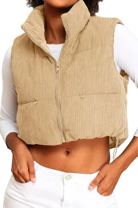 ELLEVEN Women's Corduroy Cropped Puffer Vest with Pockets, High Stand Collar Outerwear Lightweight Warm Sleeveless Jacket
