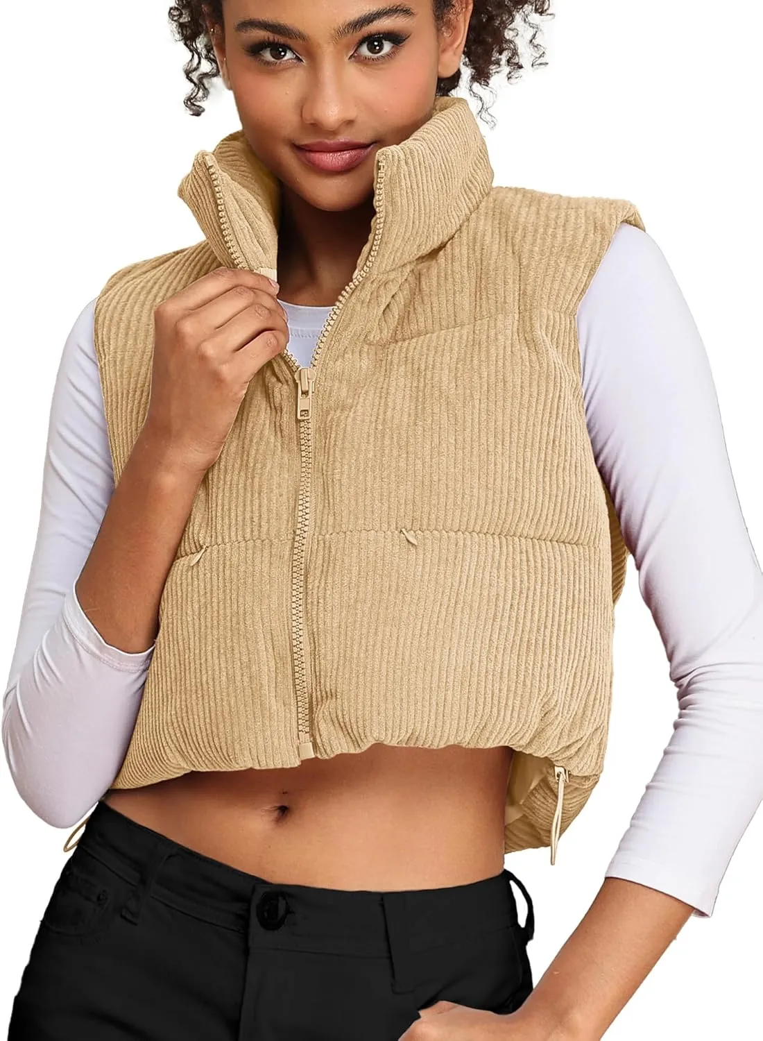 ELLEVEN Women's Corduroy Cropped Puffer Vest with Pockets, High Stand Collar Outerwear Lightweight Warm Sleeveless Jacket