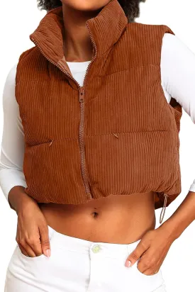 ELLEVEN Women's Corduroy Cropped Puffer Vest with Pockets, High Stand Collar Outerwear Lightweight Warm Sleeveless Jacket