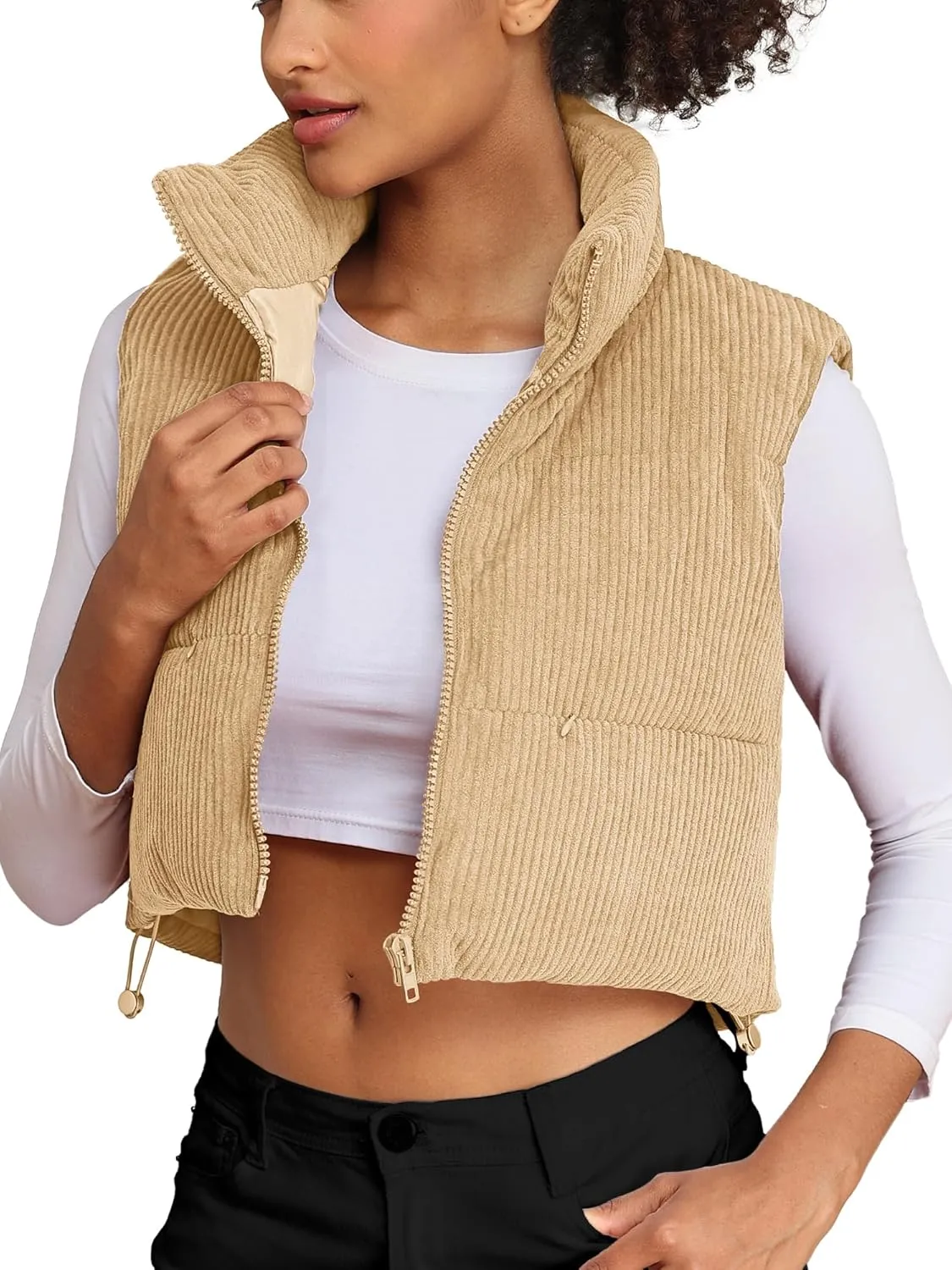 ELLEVEN Women's Corduroy Cropped Puffer Vest with Pockets, High Stand Collar Outerwear Lightweight Warm Sleeveless Jacket