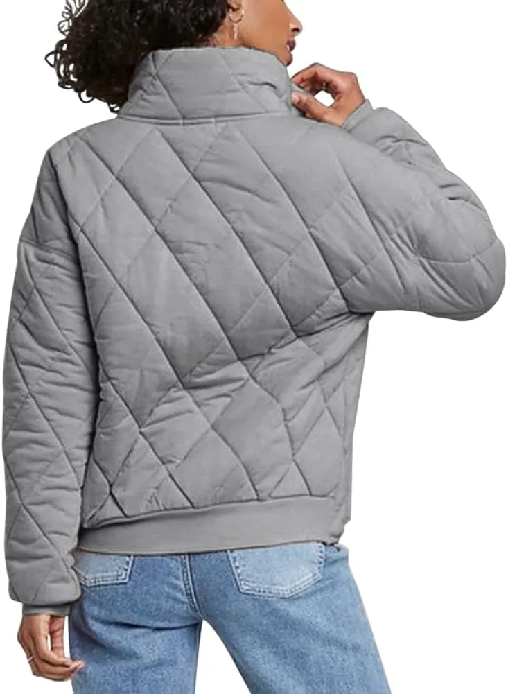 Fazortev Womens Dolman Quilted Jackets Casual Button Down Winter Long Sleeve Stand Neck Lightweight Warm Coat