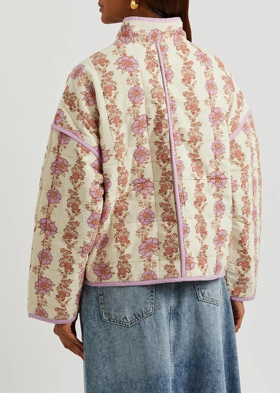 Floral Quilted Jacket for Women Cropped Lightweight Puffer Cardigan Coat Open Front Padded Outwear