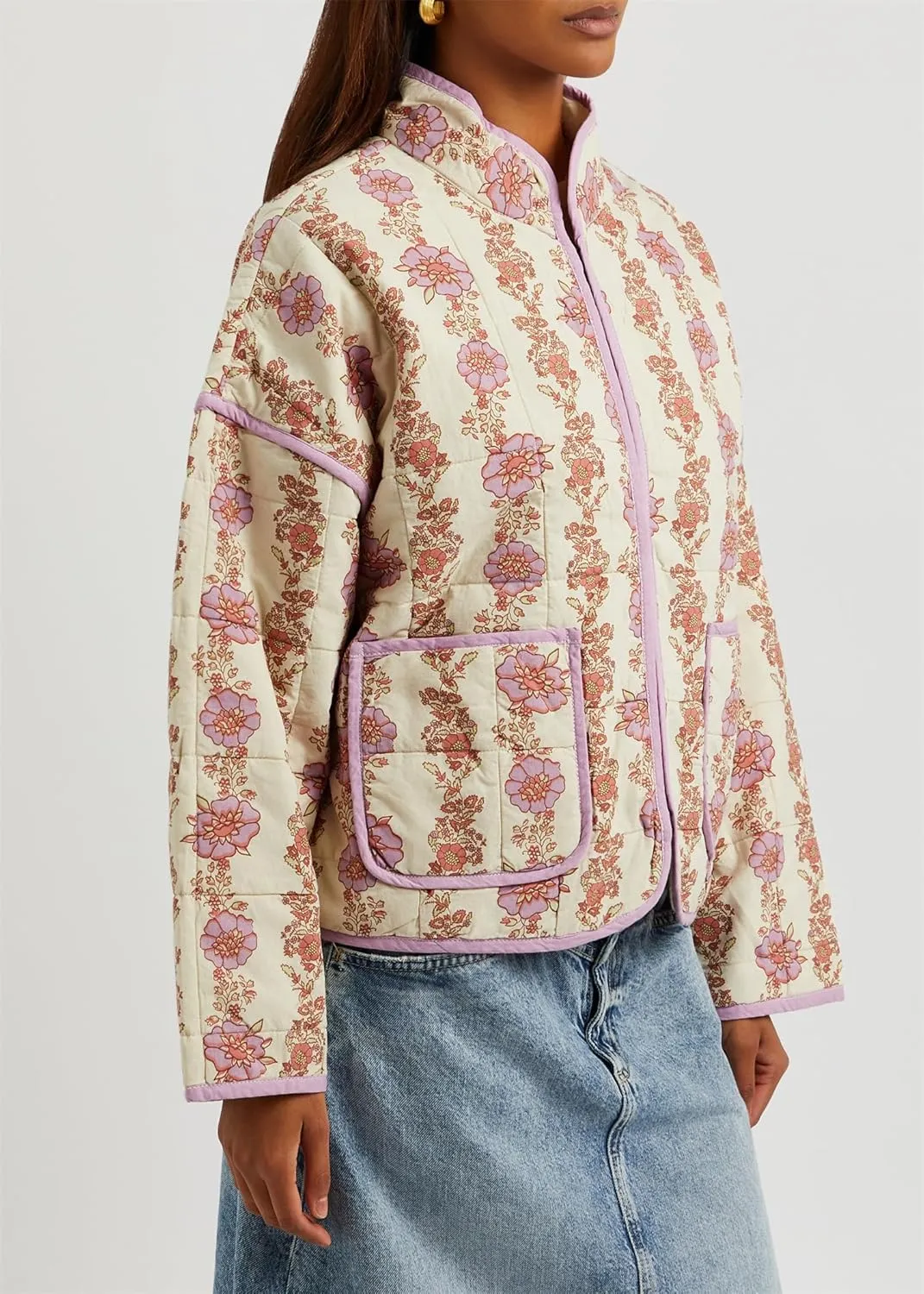 Floral Quilted Jacket for Women Cropped Lightweight Puffer Cardigan Coat Open Front Padded Outwear