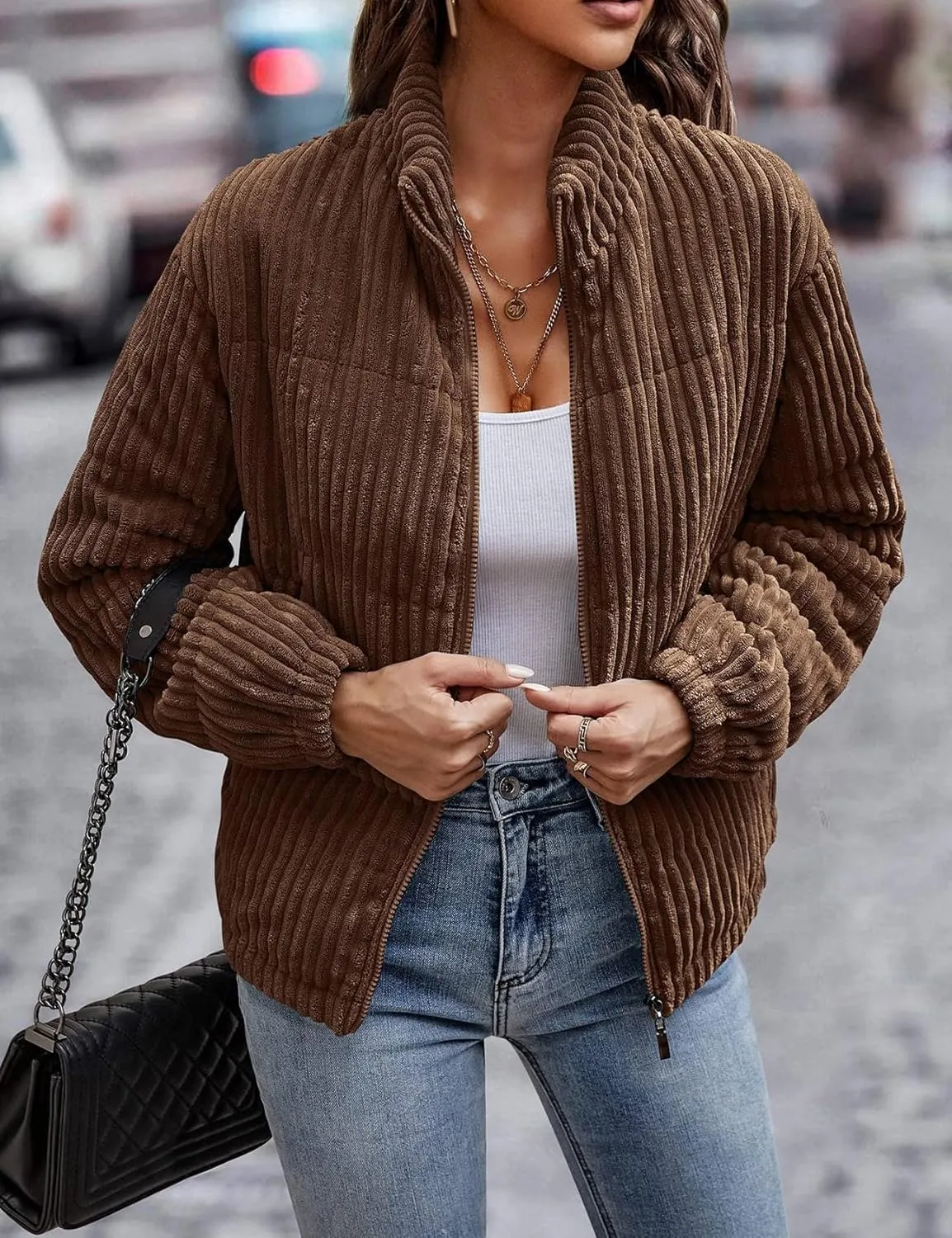 Flygo Corduroy Puffer Jacket Women Quilted Jackets Lightweight Baggy Zip Spring Fall Jackets Coats 2024