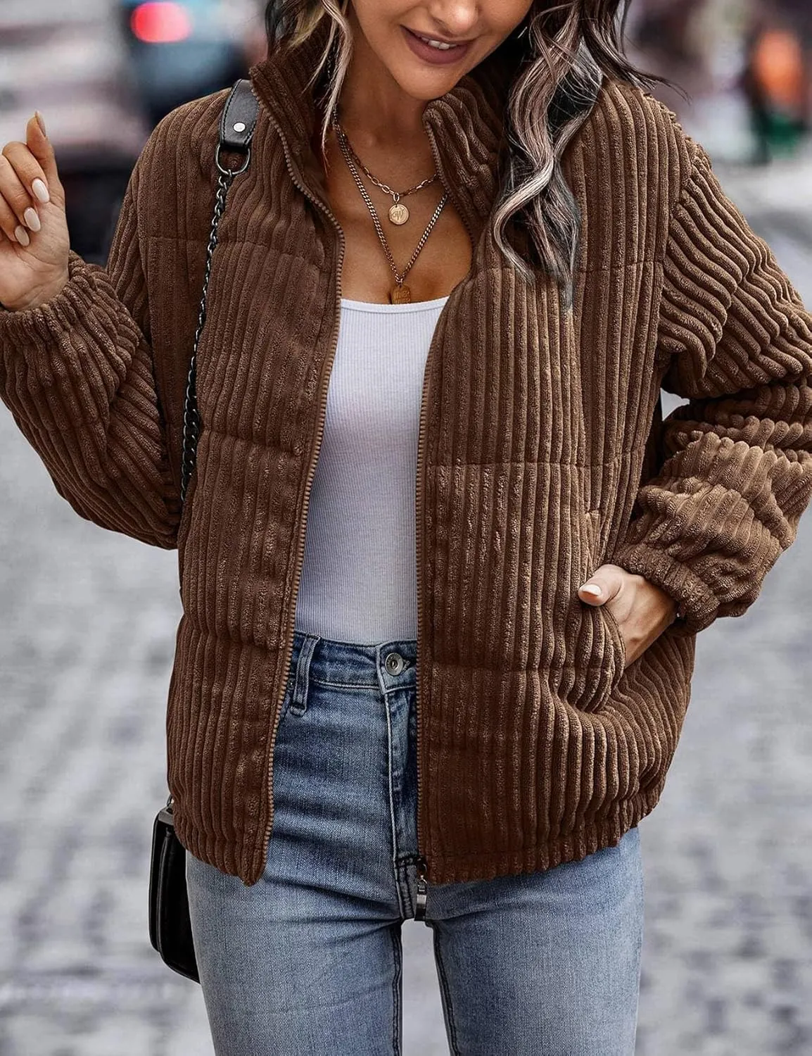 Flygo Corduroy Puffer Jacket Women Quilted Jackets Lightweight Baggy Zip Spring Fall Jackets Coats 2024
