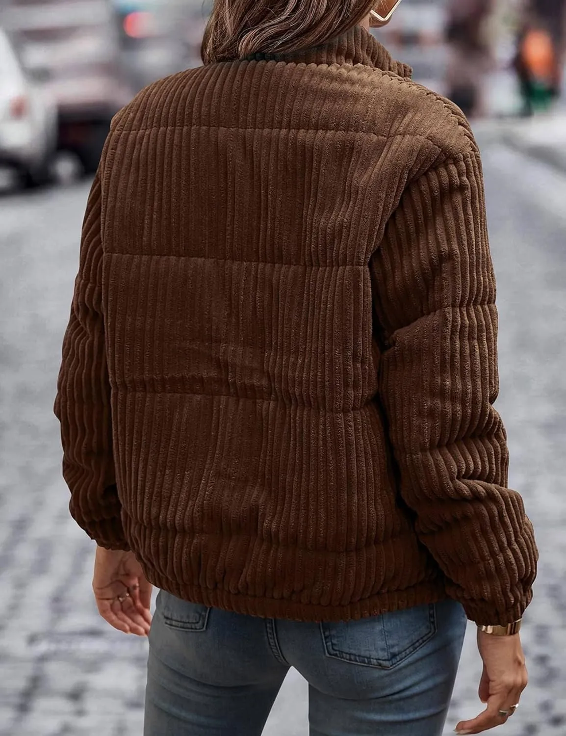 Flygo Corduroy Puffer Jacket Women Quilted Jackets Lightweight Baggy Zip Spring Fall Jackets Coats 2024