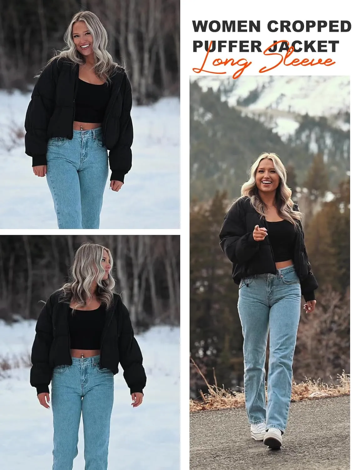 Flygo Winter Cropped Puffer Jacket Coats for Women 2024 Short Warm Quilted Jackets Outerwear with Pockets