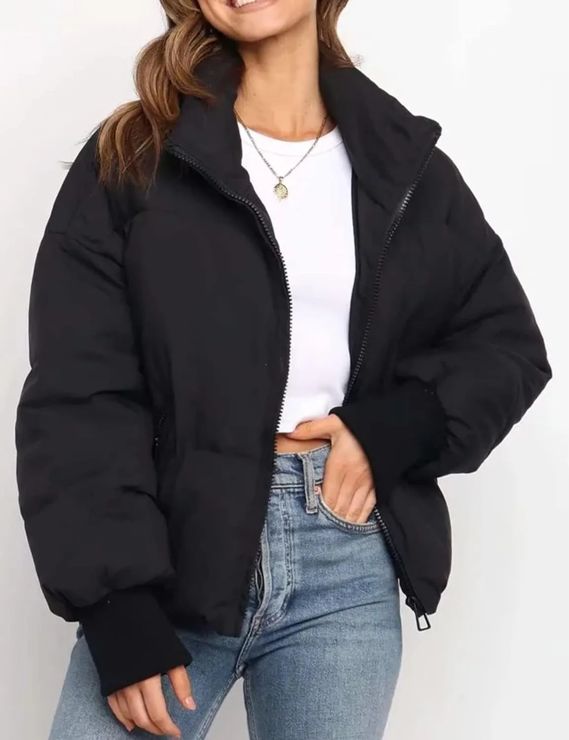 Flygo Winter Cropped Puffer Jacket Coats for Women 2024 Short Warm Quilted Jackets Outerwear with Pockets