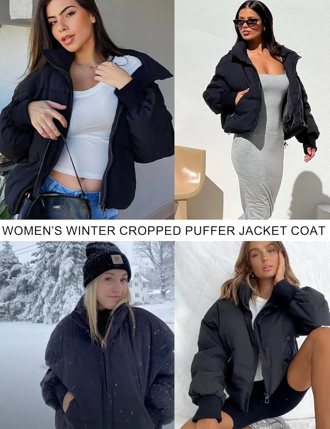Flygo Winter Cropped Puffer Jacket Coats for Women 2024 Short Warm Quilted Jackets Outerwear with Pockets