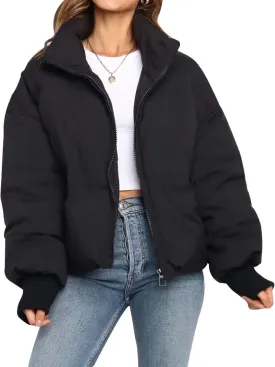Flygo Winter Cropped Puffer Jacket Coats for Women 2024 Short Warm Quilted Jackets Outerwear with Pockets
