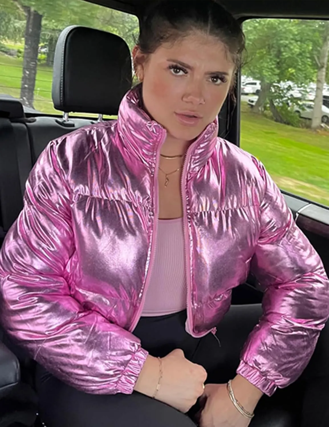 Flygo Women's Metallic Shiny Cropped Quilted Puffer Jacket - Zip Up Padded Down Coat Outerwear