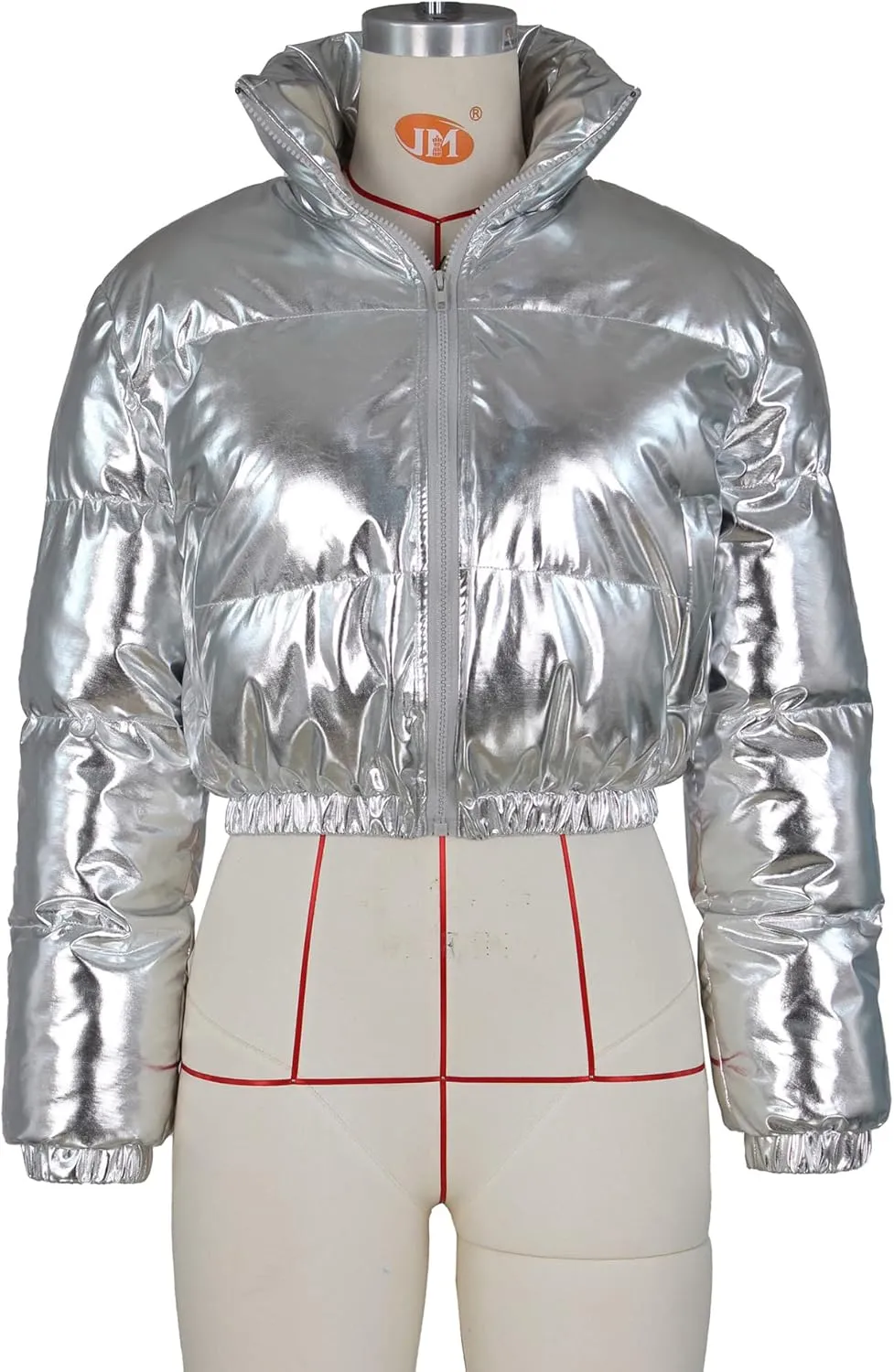 Flygo Women's Metallic Shiny Cropped Quilted Puffer Jacket - Zip Up Padded Down Coat Outerwear