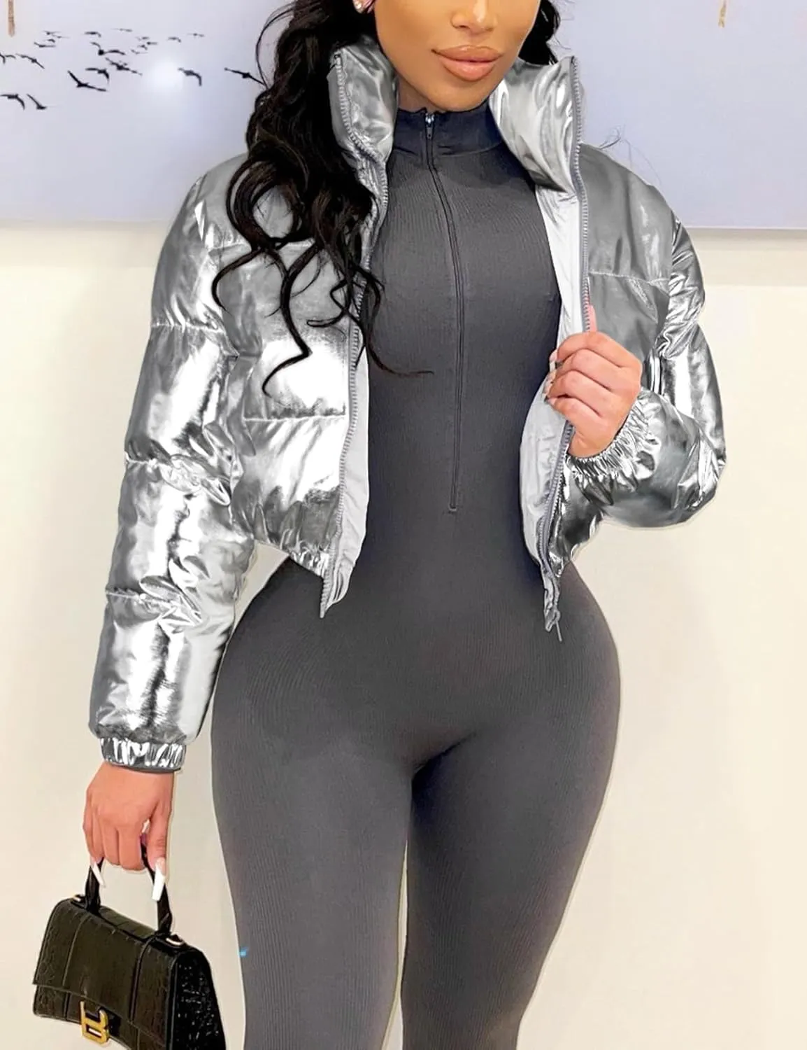 Flygo Women's Metallic Shiny Cropped Quilted Puffer Jacket - Zip Up Padded Down Coat Outerwear