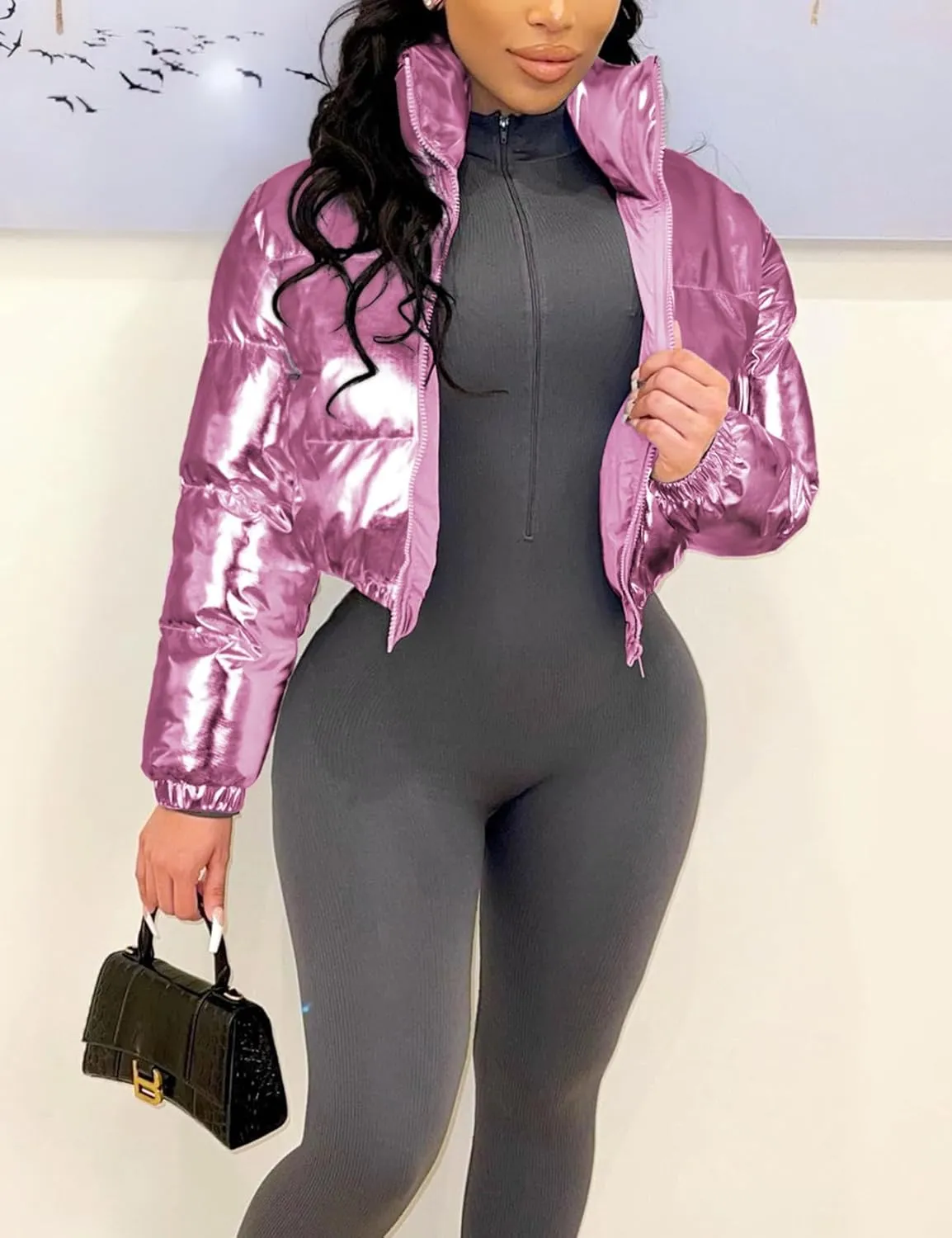 Flygo Women's Metallic Shiny Cropped Quilted Puffer Jacket - Zip Up Padded Down Coat Outerwear
