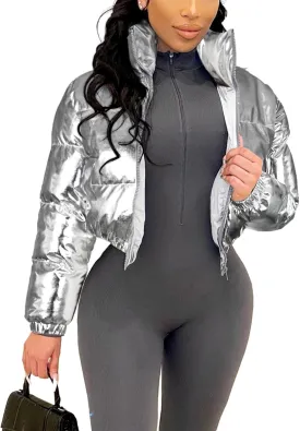 Flygo Women's Metallic Shiny Cropped Quilted Puffer Jacket - Zip Up Padded Down Coat Outerwear