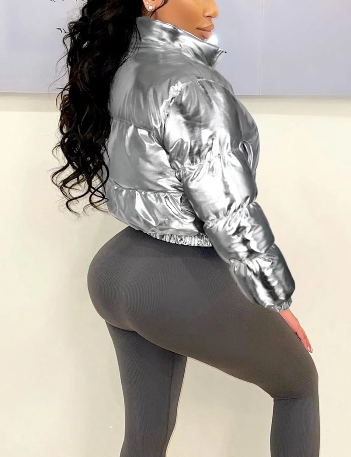 Flygo Women's Metallic Shiny Cropped Quilted Puffer Jacket - Zip Up Padded Down Coat Outerwear