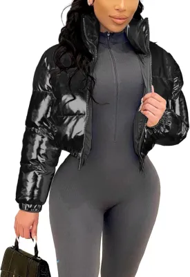 Flygo Women's Metallic Shiny Cropped Quilted Puffer Jacket - Zip Up Padded Down Coat Outerwear