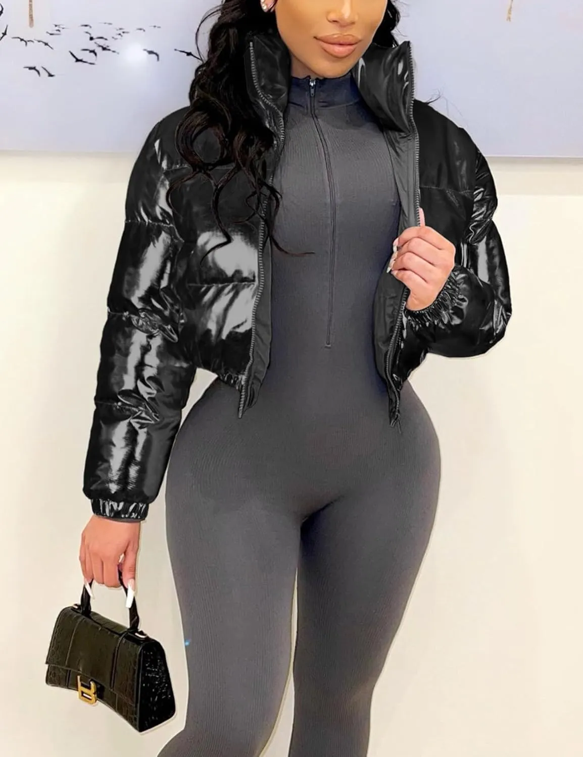 Flygo Women's Metallic Shiny Cropped Quilted Puffer Jacket - Zip Up Padded Down Coat Outerwear