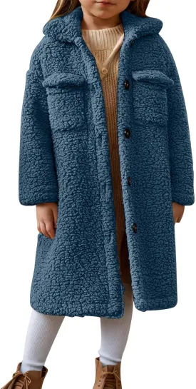 Girls Winter Long Coat Thick Warm Sherpa Teddy Jacket Casual Button Down Fleece Overcoat Faux Fur Outwear 3-12 Years