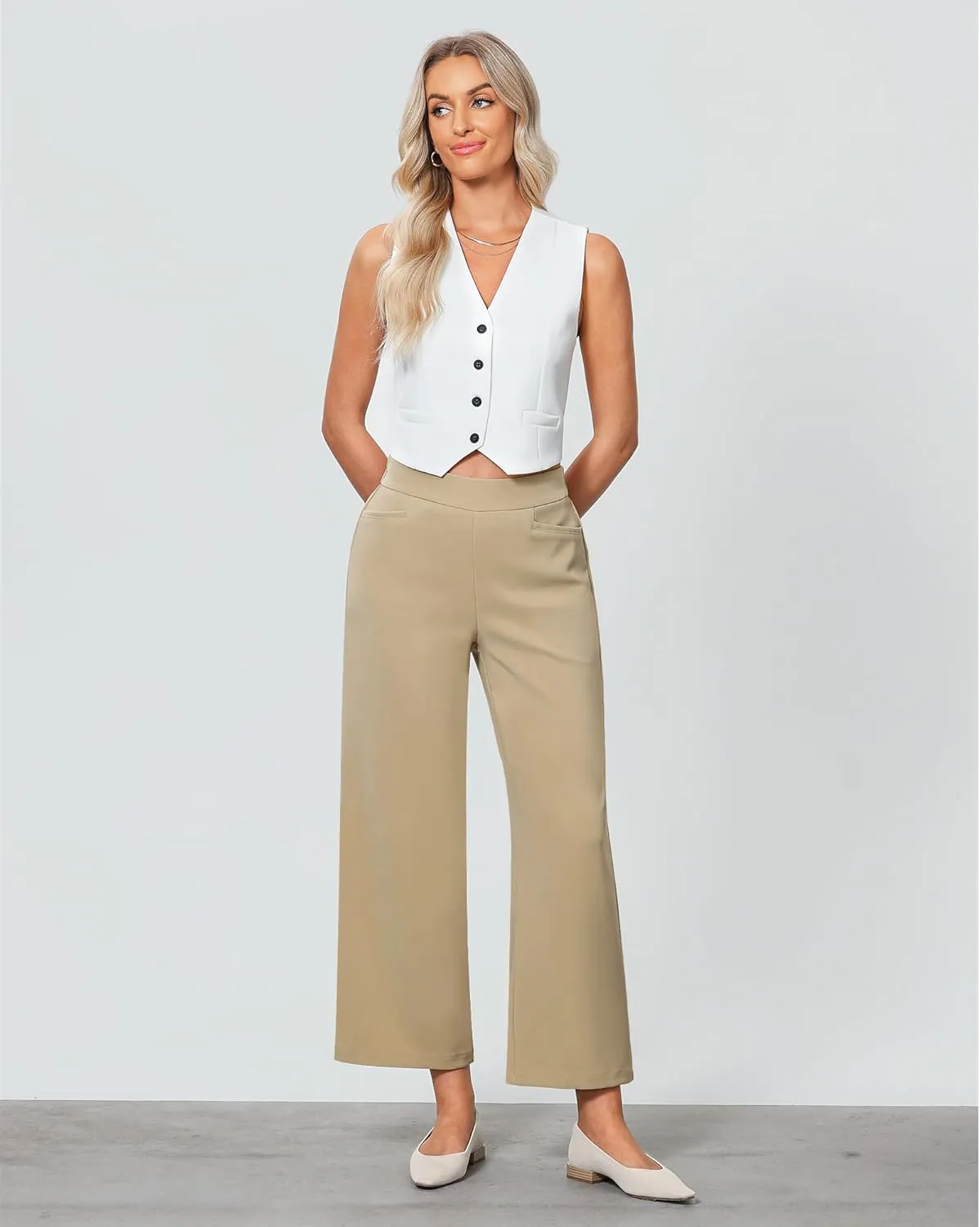 GRAPENT Cropped Pants for Women Trendy Business Casual High Waisted Pull On Wide Leg Stretchy Dress Pants with Pockets