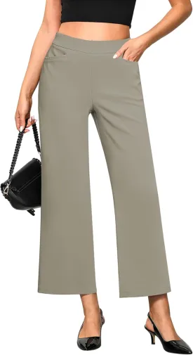 GRAPENT Cropped Pants for Women Trendy Business Casual High Waisted Pull On Wide Leg Stretchy Dress Pants with Pockets