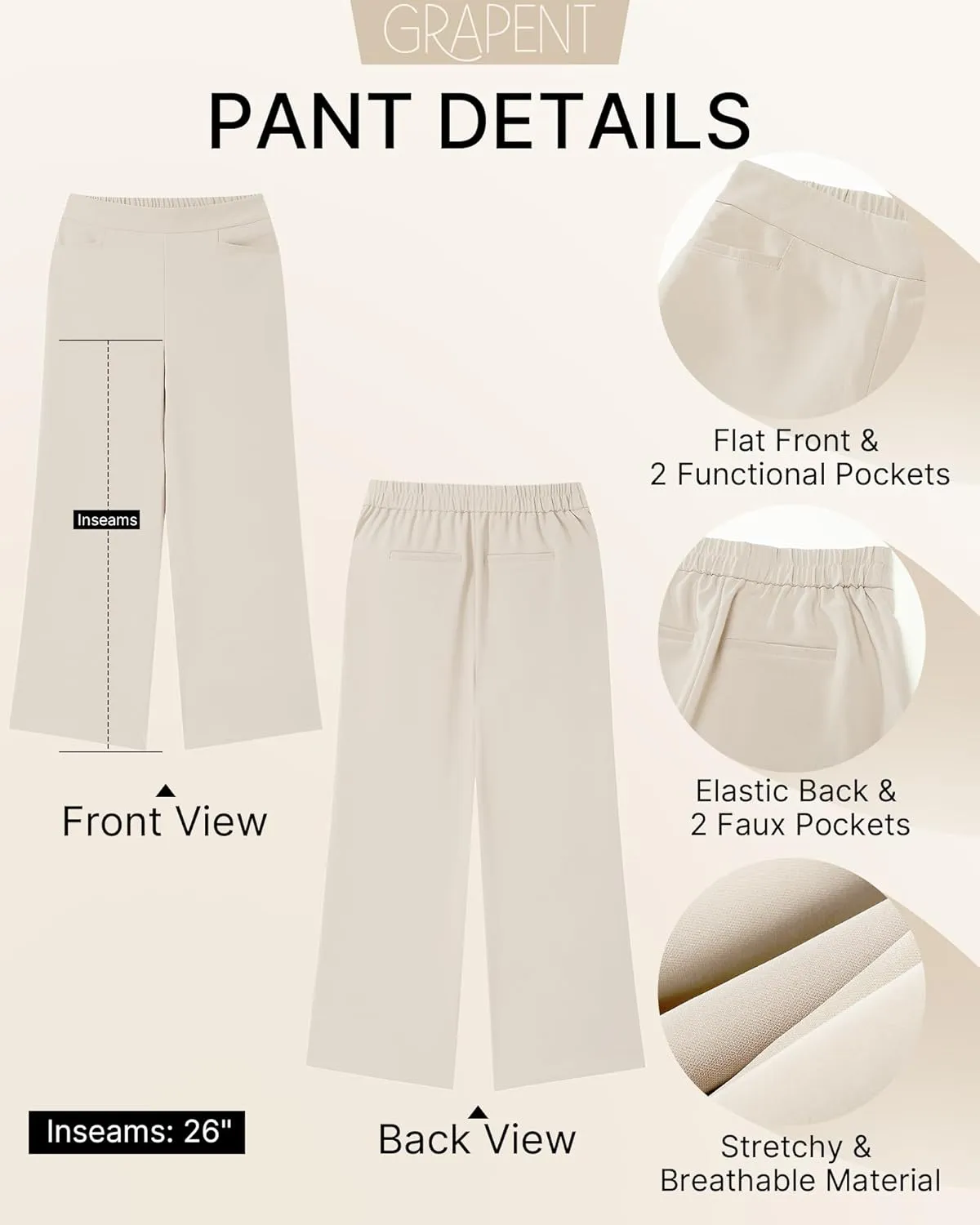 GRAPENT Cropped Pants for Women Trendy Business Casual High Waisted Pull On Wide Leg Stretchy Dress Pants with Pockets