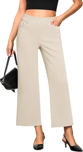 GRAPENT Cropped Pants for Women Trendy Business Casual High Waisted Pull On Wide Leg Stretchy Dress Pants with Pockets