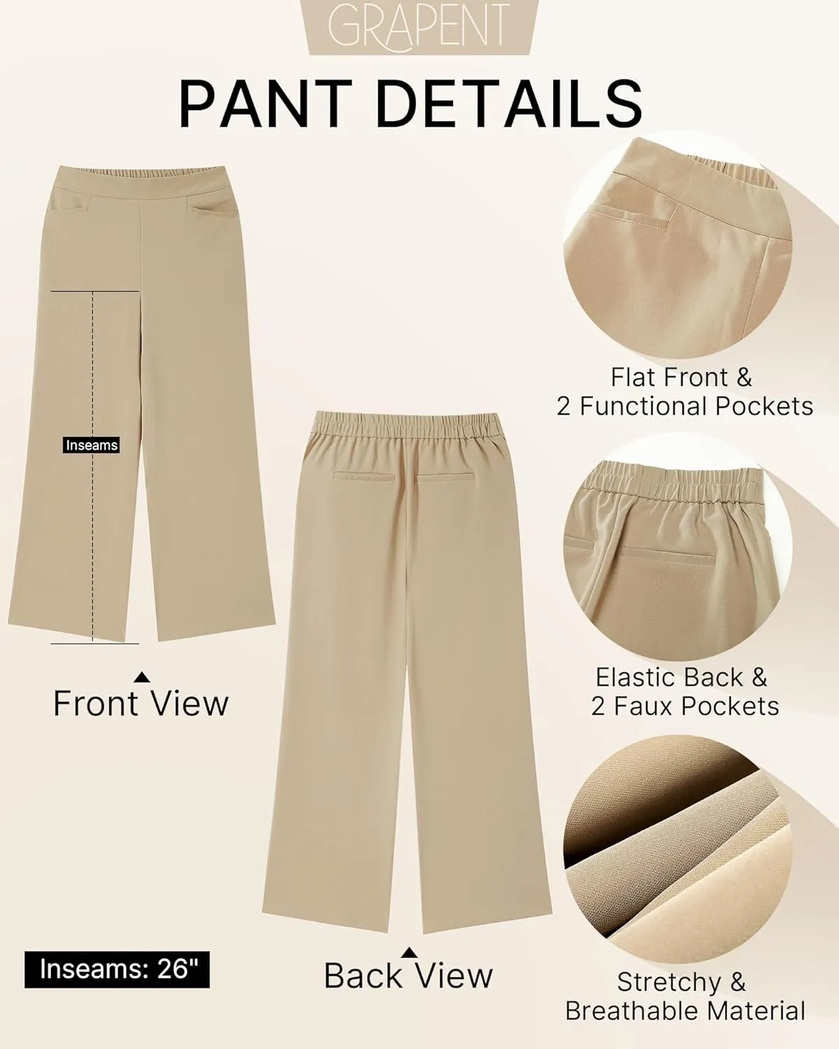 GRAPENT Cropped Pants for Women Trendy Business Casual High Waisted Pull On Wide Leg Stretchy Dress Pants with Pockets