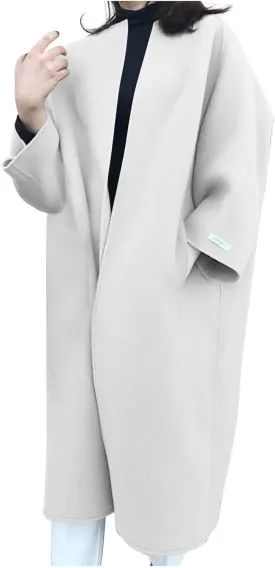 HGps8w Women's Collarless Wool Blend Trench Coat - Elegant Open Front Peacoat Cardigan Winter Jacket Overcoats with Pockets