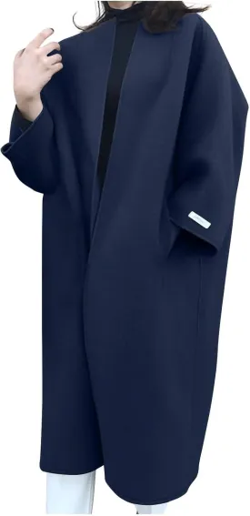 HGps8w Women's Collarless Wool Blend Trench Coat - Elegant Open Front Peacoat Cardigan Winter Jacket Overcoats with Pockets
